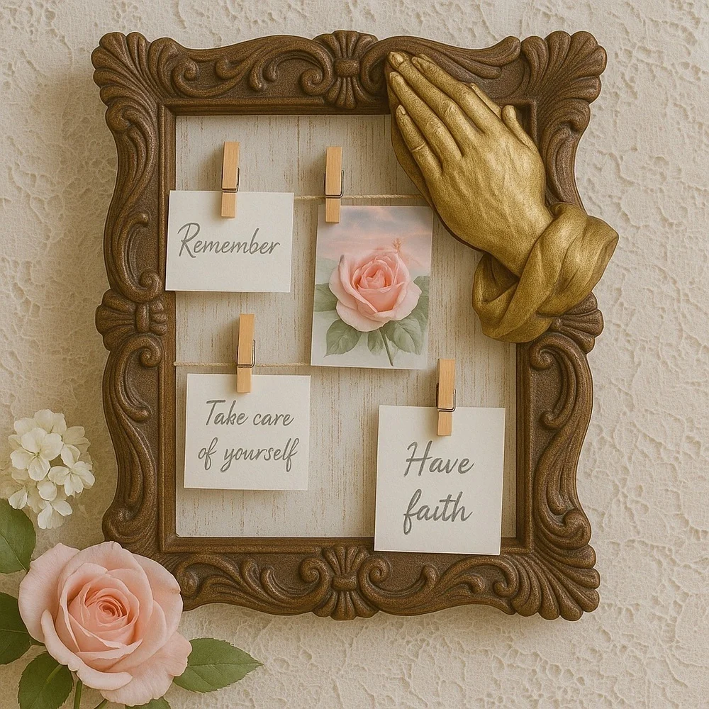 Vtg Praying Hands Picture Frame 3D Ornate Faux Wood Wall Art 8”x10” Shabby Chic